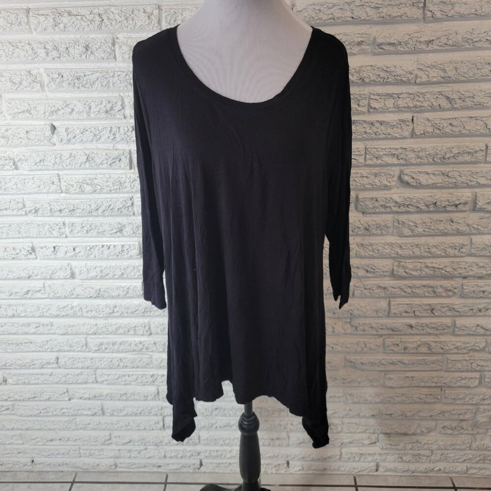 Meri Skye Women's 2X Plus Top Black 3/4 Sleeve Asymmetric Hem Stretch BLA89E